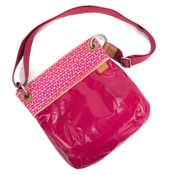 FOSSIL KEY-PER Pink Canvas CROSSBODY BAG Shoulder Bag Purse Geometric Print - Picture 1 of 11